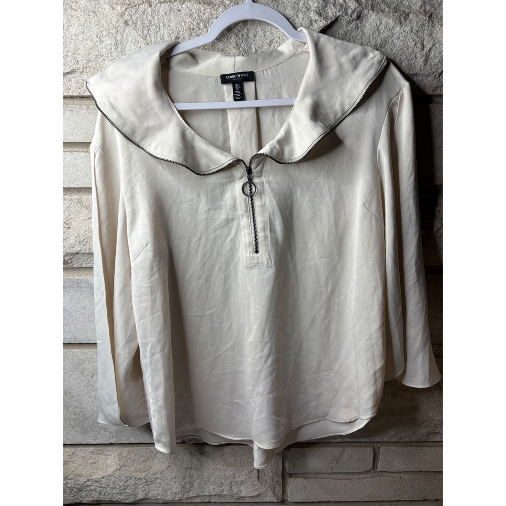 Kenneth‎ Cole New York Womens Cream Quarter Zip Sailor Collar Blouse Large Ivory